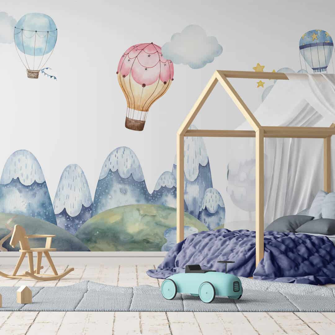 Children`s_bedroom_with_canopy_bed_and_toys Papier Peint Montgolfière