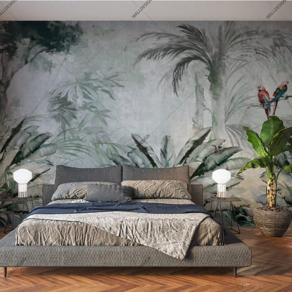 papier peint jungle panoramique et perroquet