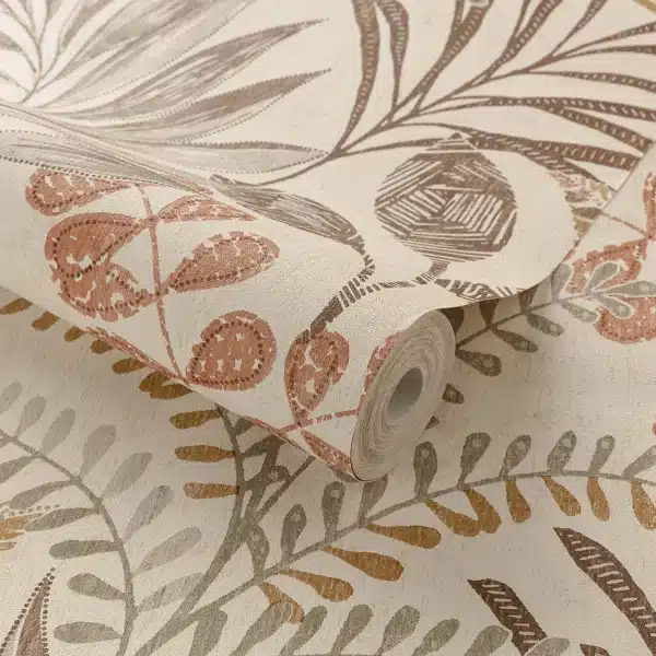 Papier peint tropicale feuilles beige
