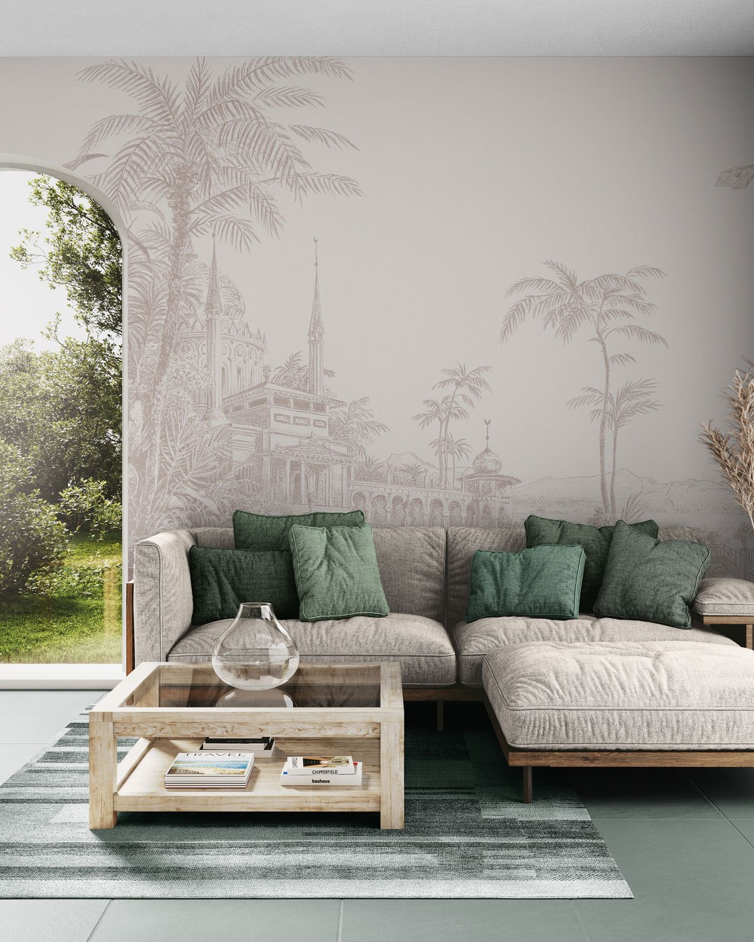 Papier Peint Toile de Marrakech – Décor mural oriental Papier peint panoramique Toile de Marrakech – décor oriental avec palmiers, minarets et architecture traditionnelle marocaine.