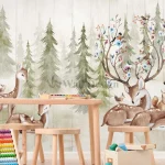 Papier Peint Forêt avec Faons et Animaux de la Nature