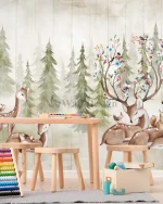 Papier Peint Forêt avec Faons et Animaux de la Nature
