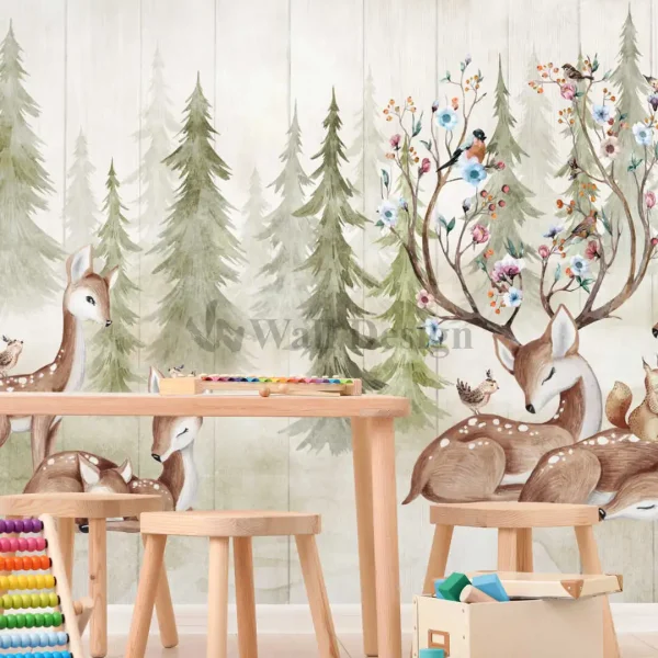 Papier Peint Forêt avec Faons et Animaux de la Nature