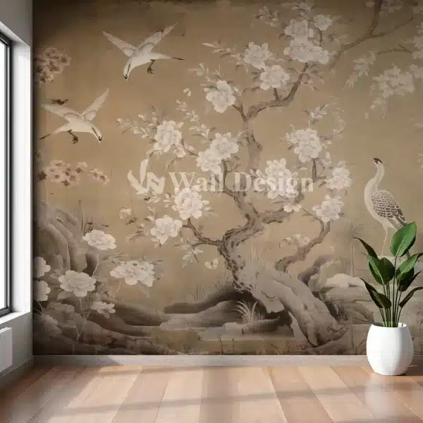 Papier Peint Panoramique Chinoiserie Taupe Grues