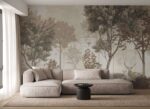 Papier peint panoramique forêt avec biche en tons sépia pour intérieur naturel et apaisant