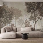 Papier peint panoramique forêt avec biche en tons sépia pour intérieur naturel et apaisant