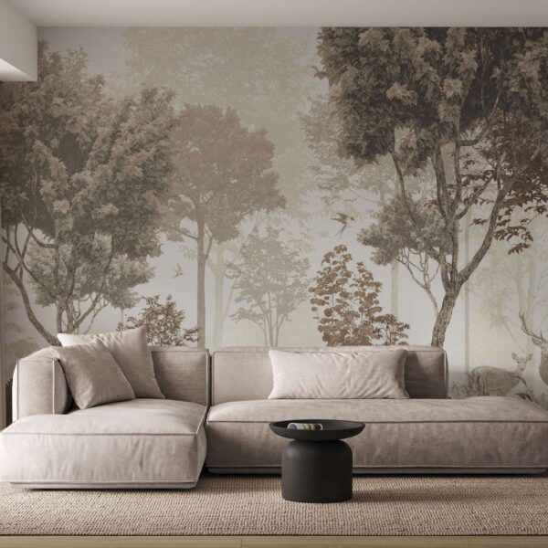 Papier peint panoramique forêt avec biche en tons sépia pour intérieur naturel et apaisant