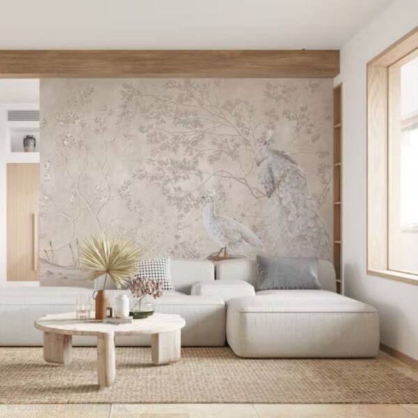 Papier peint panoramique peacock inspiré du paon au décor élégant et raffiné pour intérieur haut de gamme