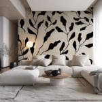 Papier peint noir botanique au motif végétal graphique dans un salon contemporain