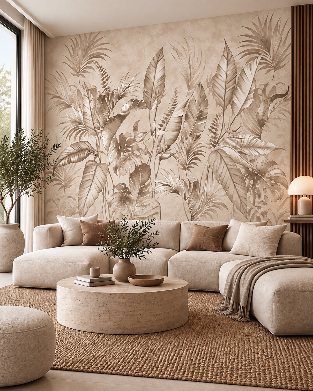 Papier Peint Feuillage Tropical Beige. Papier Peint Feuillage Tropical Beige – Image 1